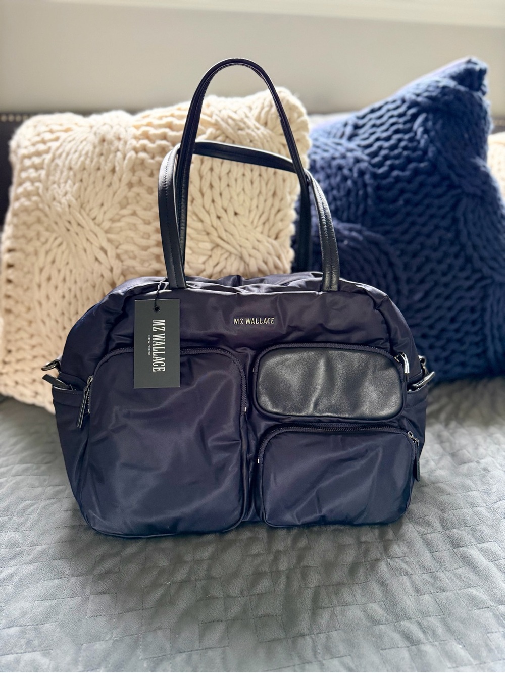 MZ Wallace "Dawn" (Navy) Bowery Traveler Tote Bag with Leather Trim